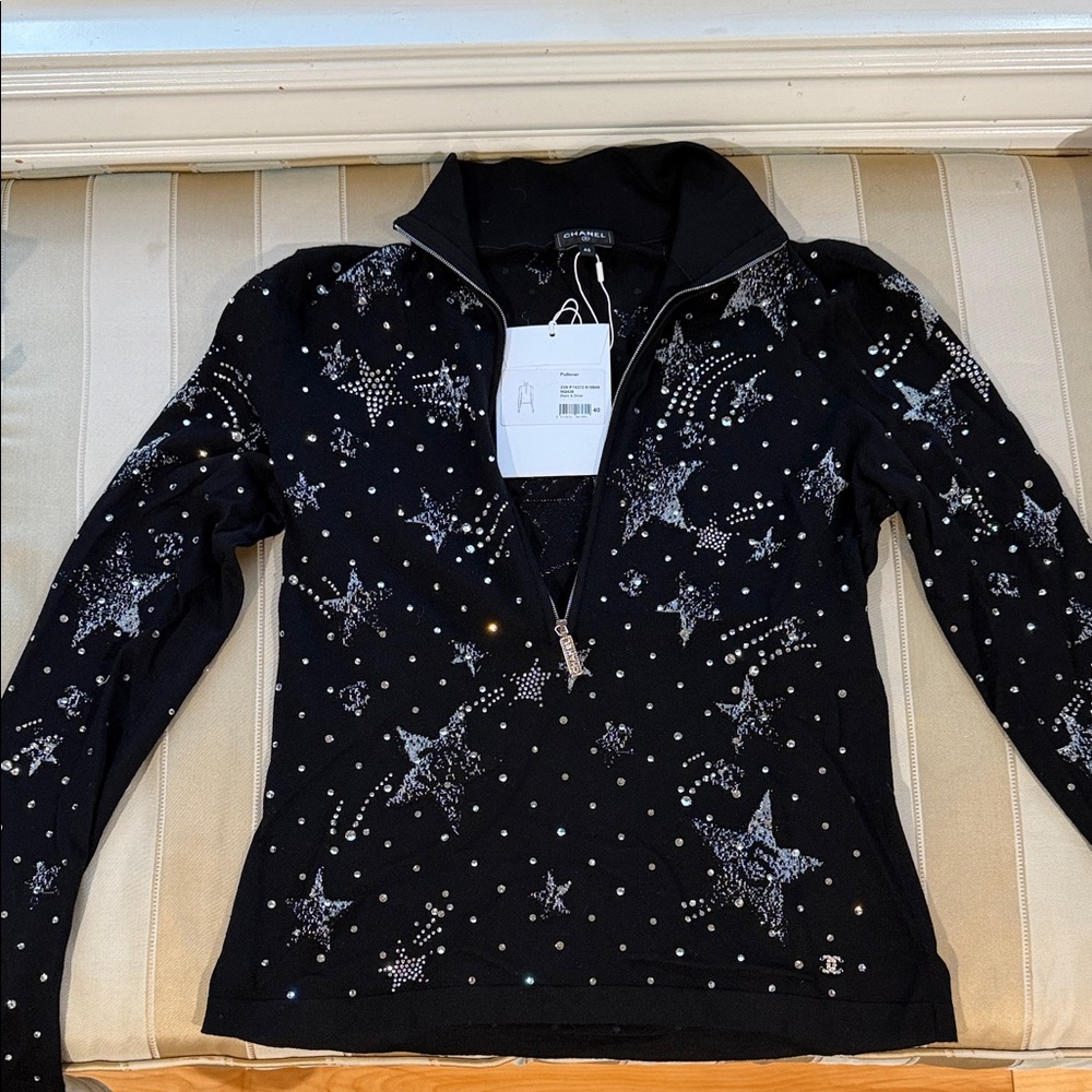 Chanel - Black Star Crystal Embellished Zip-Up Top